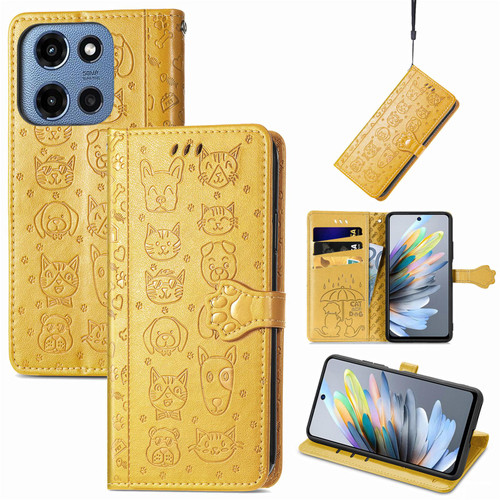 Moto G 2025 Cat and Dog Embossed Leather Phone Case - Yellow